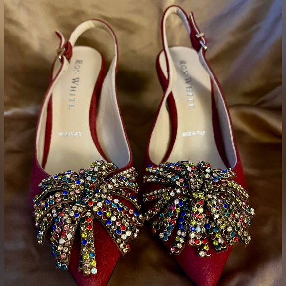 NWOT, Ron White Shoes, cashmere suede red sling blacks with crystals, size 36 - Picture 2 of 7